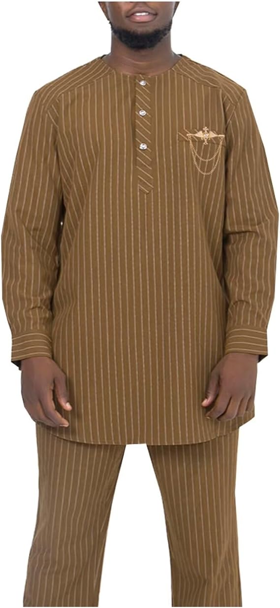 Men's African Striped 2 Piece Outfit Formal Henley Top and Pants Set Traditional Wear for Birthday Party